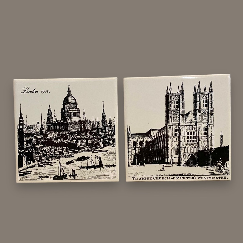 Set of 2 London Ceramic Cork Backed Hand-Printed 6” Tile Trivets